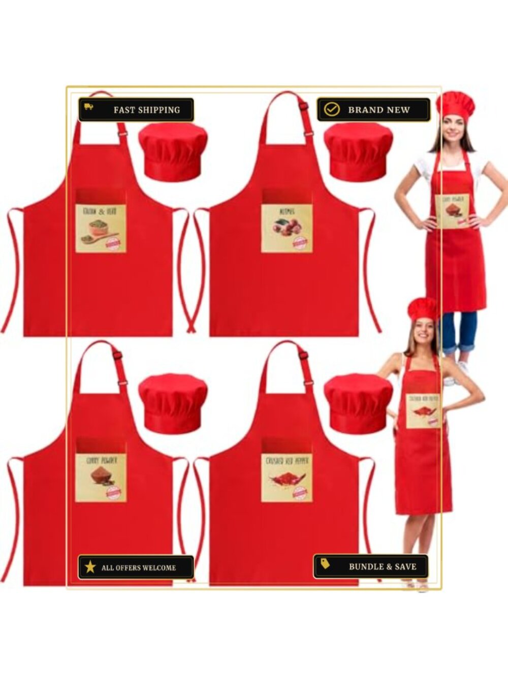 4 Pc Halloween Spice Costume Apron & Chef Hat Set Group Costume